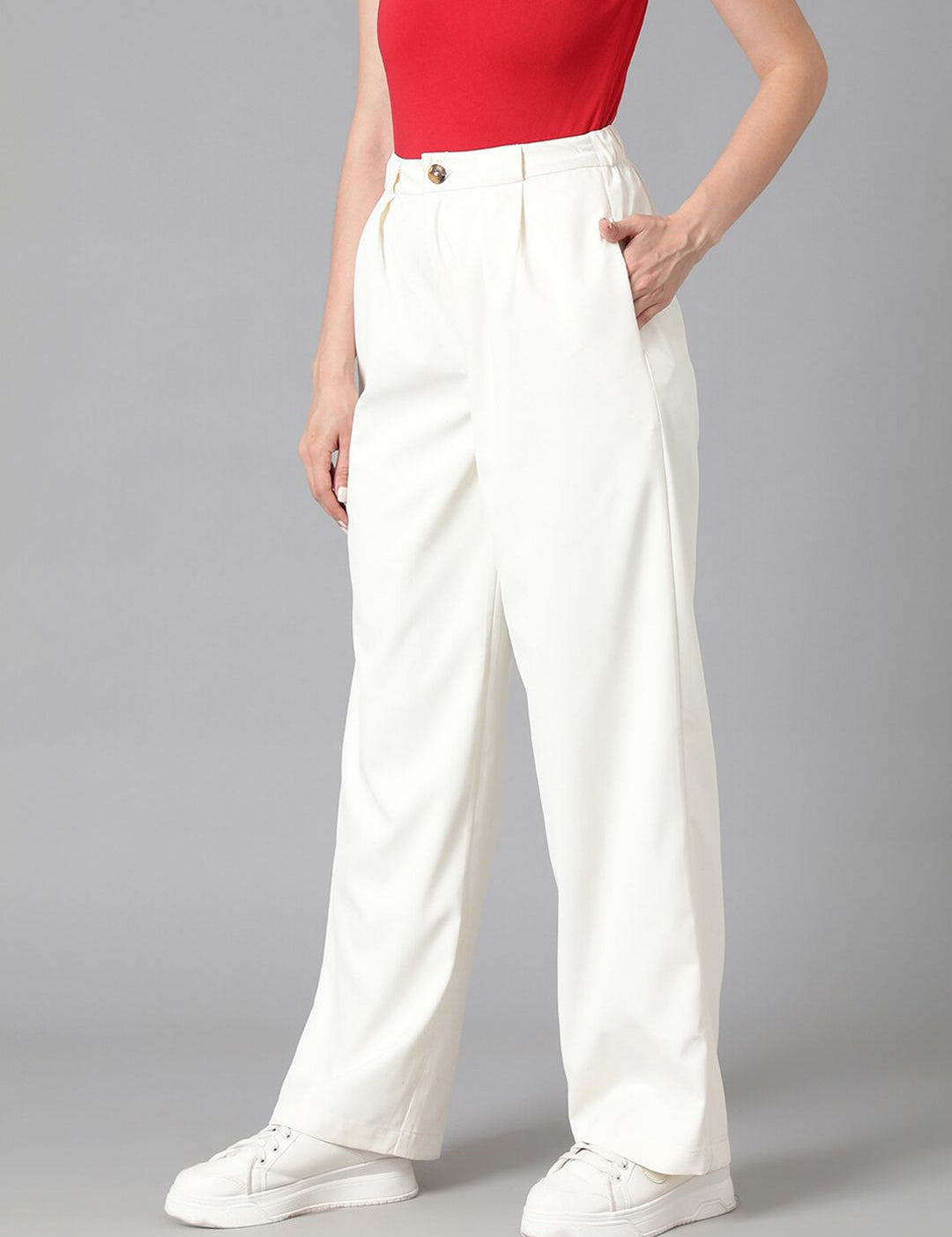 Kotty Women White Relaxed Straight Leg High-Rise Easy Wash Pleated Parallel Trousers