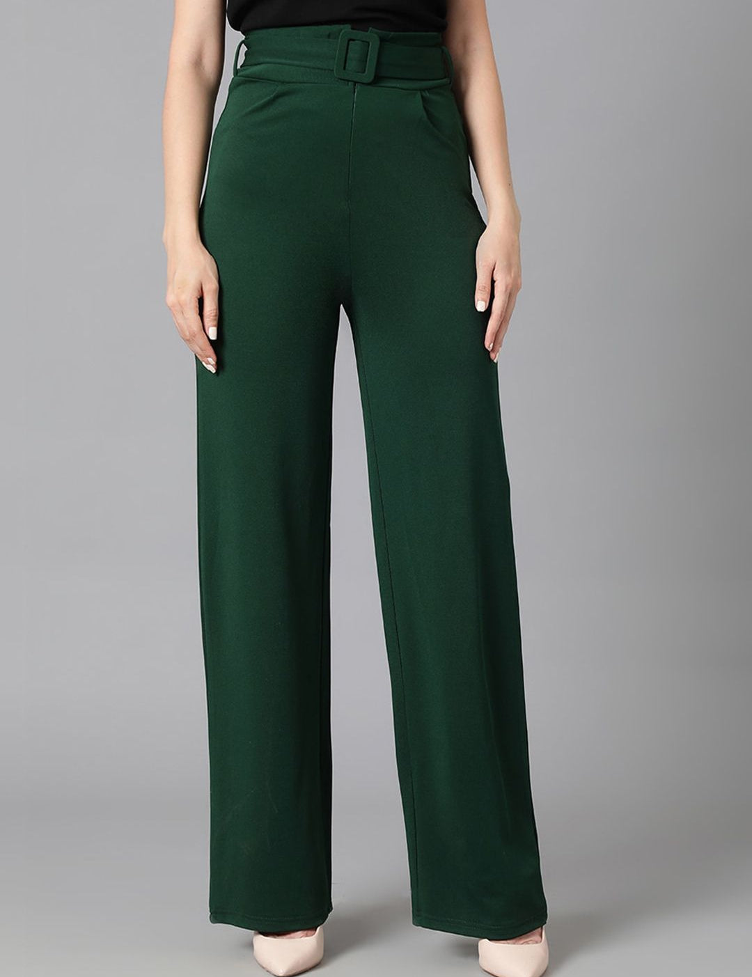 KOTTY BIZwear Women Green Relaxed Straight Leg Easy Wash Parallel Trousers Comes With Belt