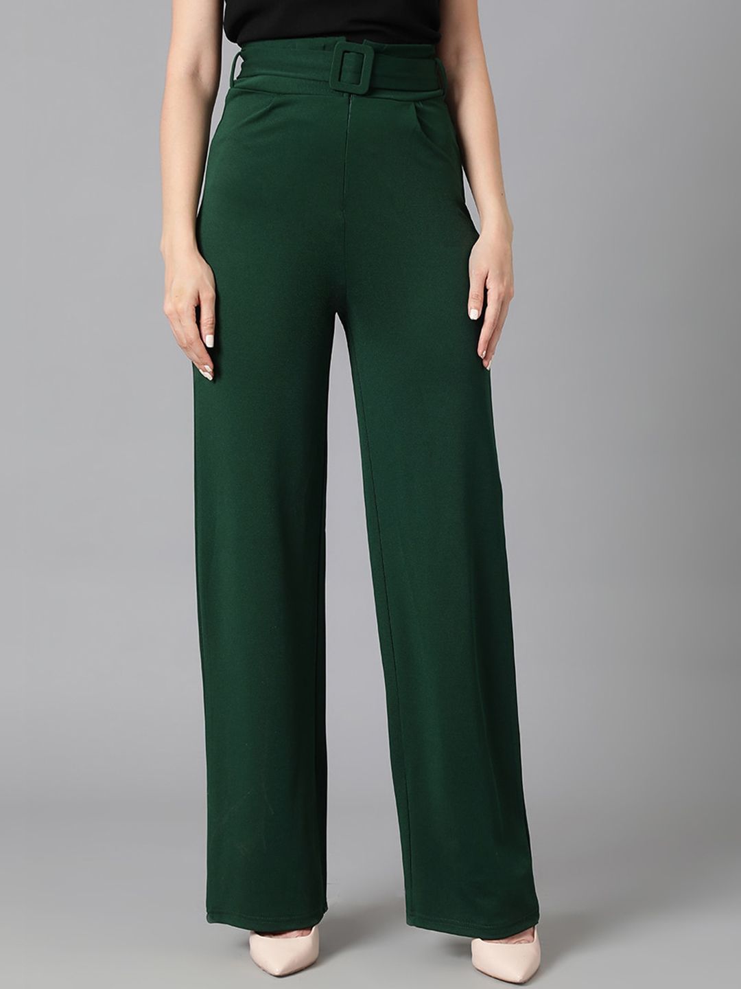 KOTTY BIZwear Women Green Relaxed Straight Leg Easy Wash Parallel Trousers Comes With Belt