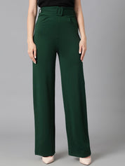 KOTTY BIZwear Women Green Relaxed Straight Leg Easy Wash Parallel Trousers Comes With Belt