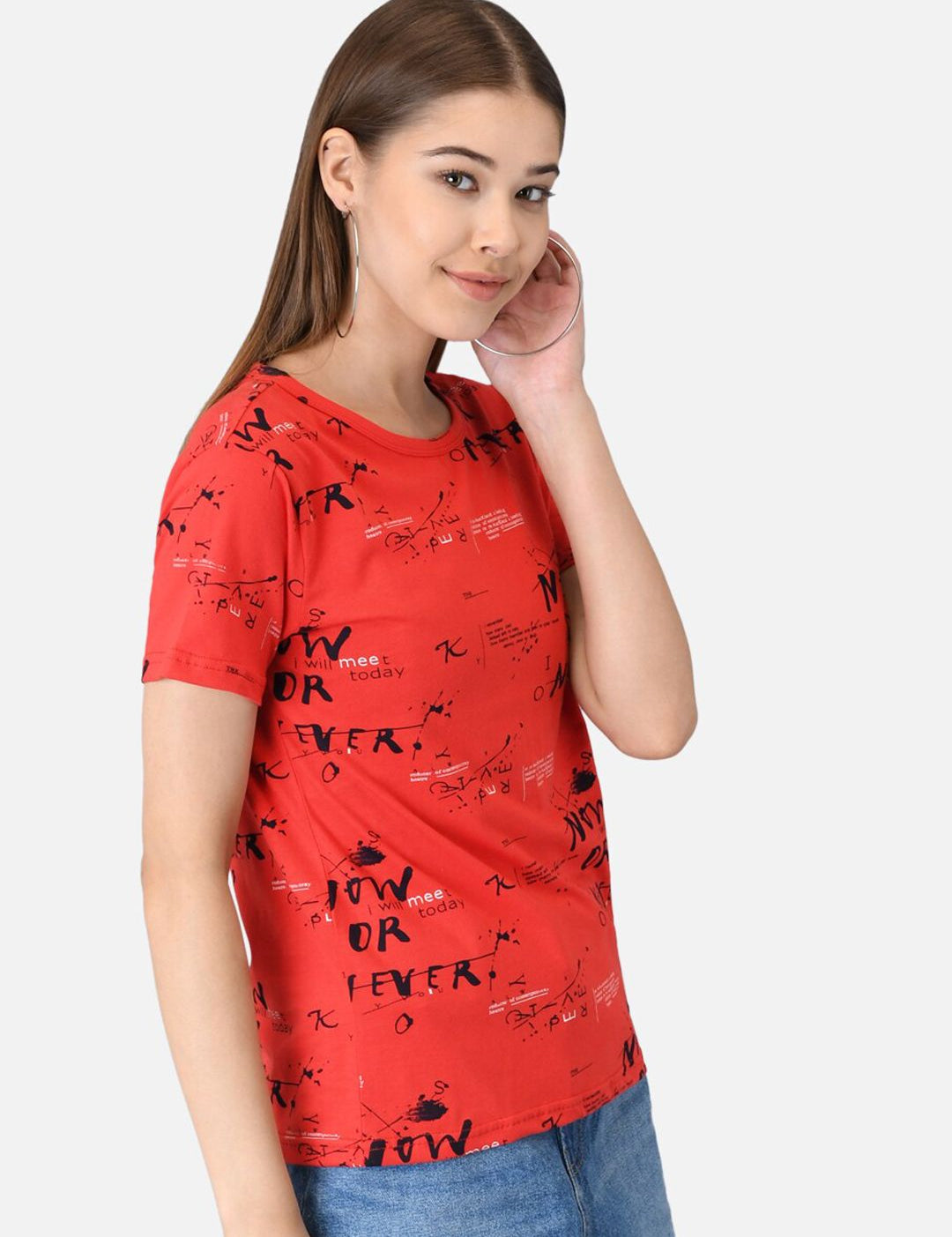 Kotty Women Red & Black Printed Round Neck T-shirt