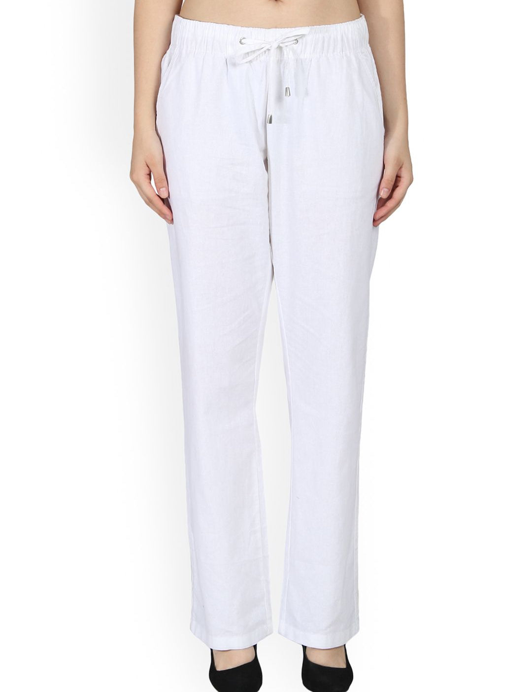 Kotty Women White Regular Fit Solid Linen Regular Trousers