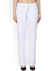 Kotty Women White Regular Fit Solid Linen Regular Trousers
