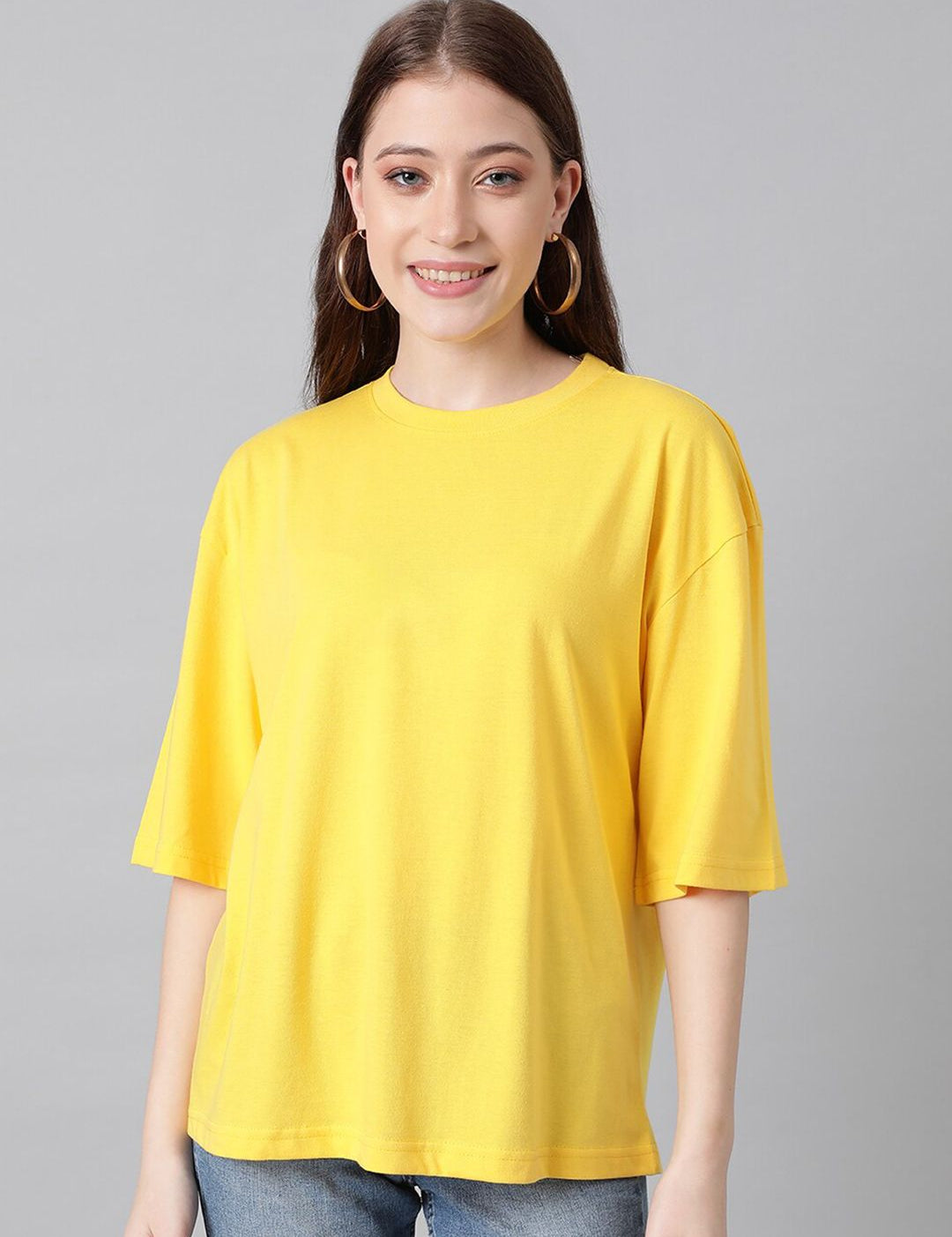 KOTTY Basics Yellow Round Neck Oversized T-shirt