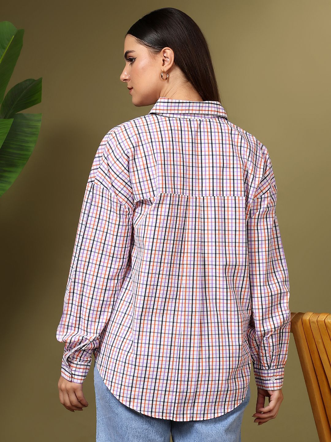 Kotty Women Spread Collar Micro Checked Cotton Casual Oversized Shirt