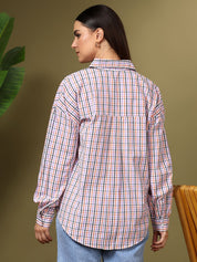 Kotty Women Spread Collar Micro Checked Cotton Casual Oversized Shirt
