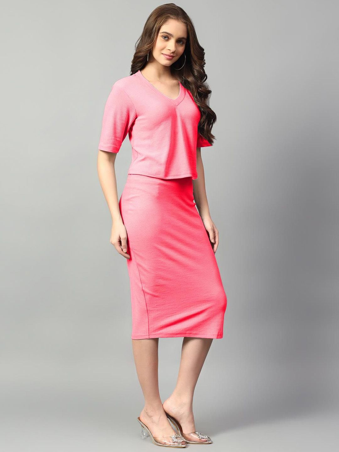 Kotty Pink V-Neck Short Sleeves Top With Skirt 