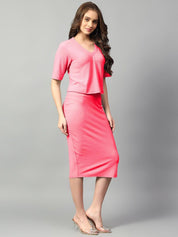 Kotty Pink V-Neck Short Sleeves Top With Skirt 