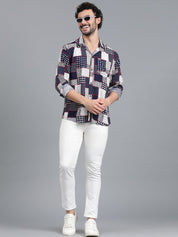Kotty Navy Blue & White Polka Dot Printed Cutaway Collar Relaxed Fit Casual Shirt