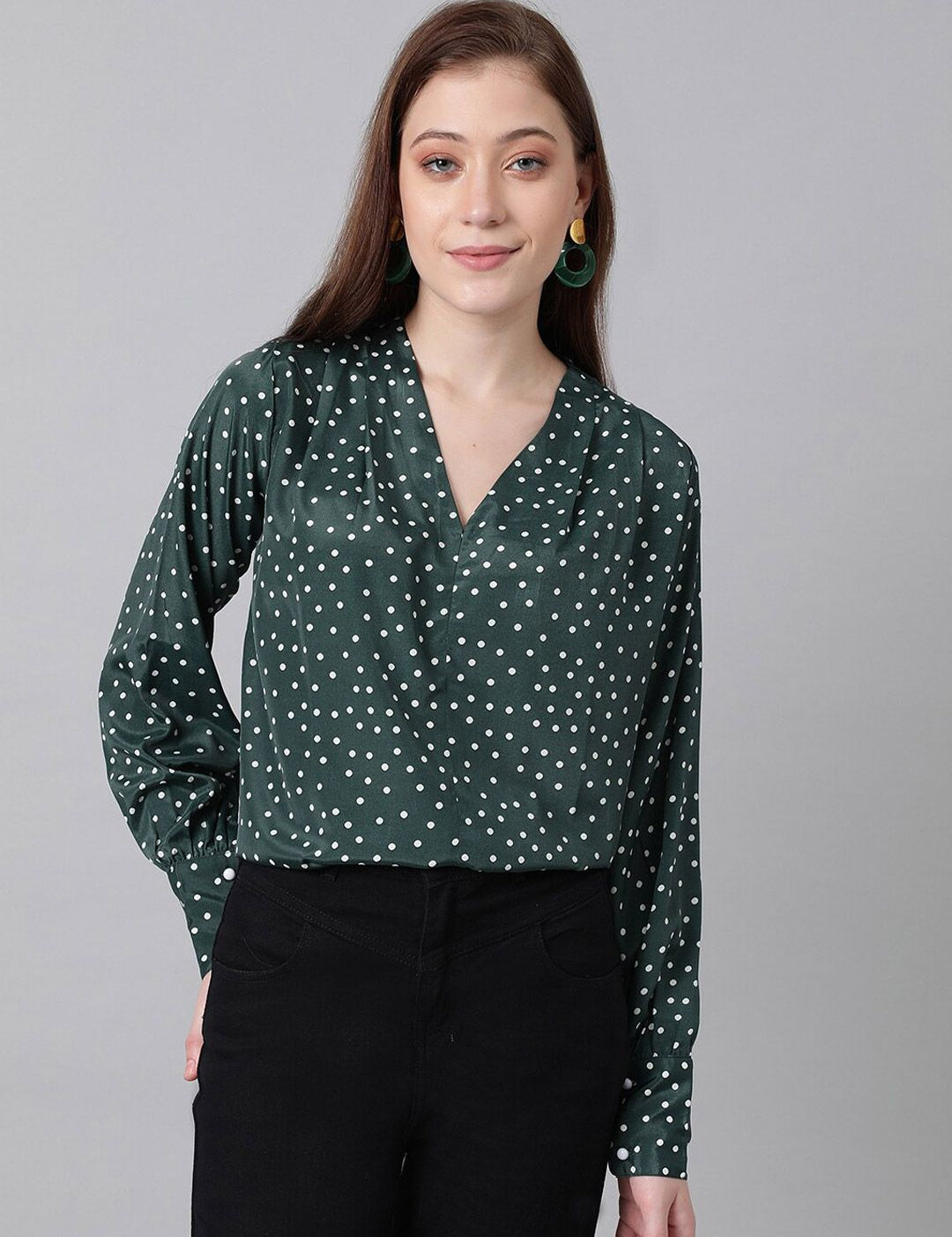 Kotty Green & White Polka Dot Print V-Neck Cuffed Sleeves Satin Crepe Top