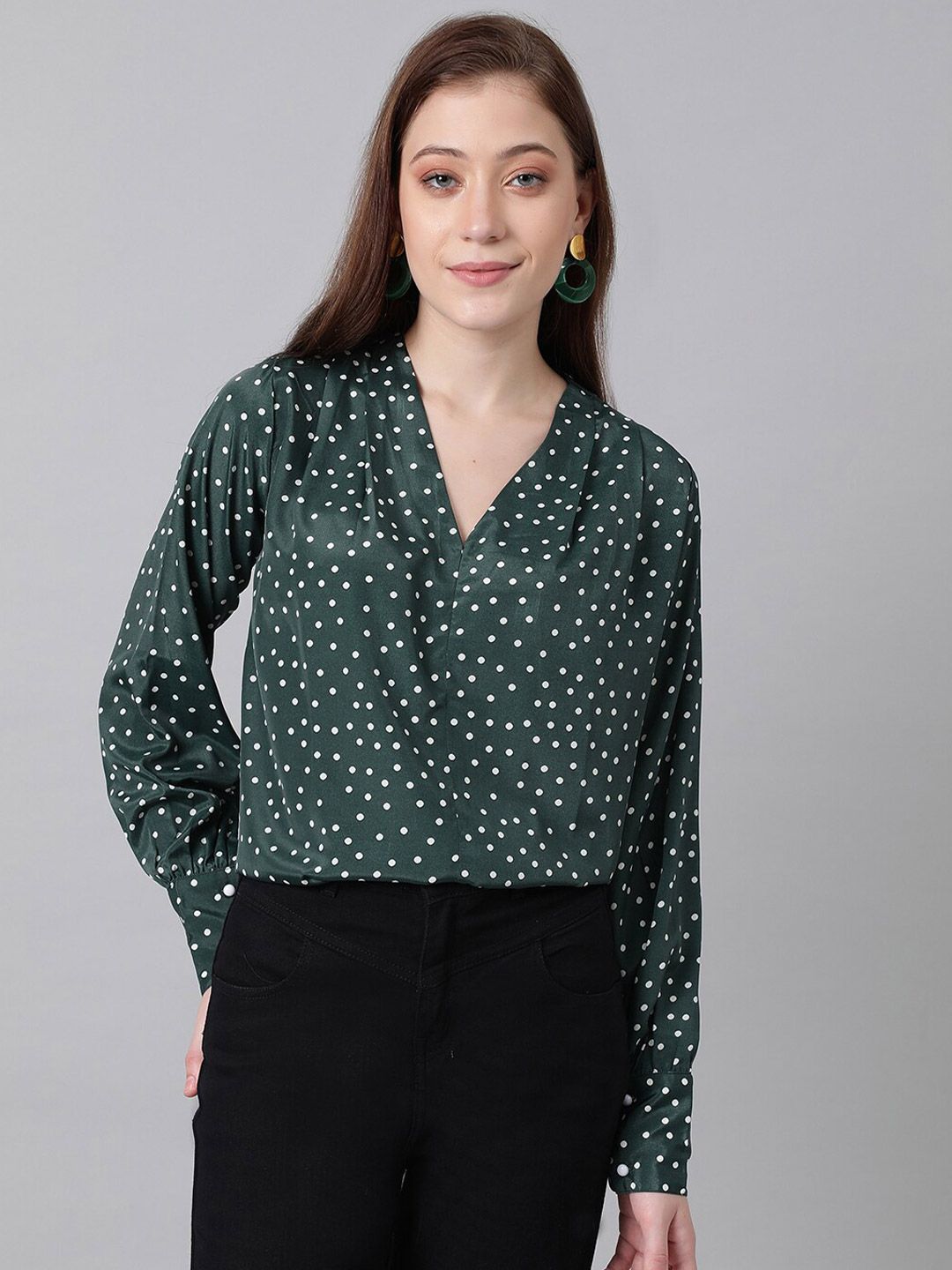 Kotty Green & White Polka Dot Print V-Neck Cuffed Sleeves Satin Crepe Top