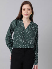Kotty Green & White Polka Dot Print V-Neck Cuffed Sleeves Satin Crepe Top