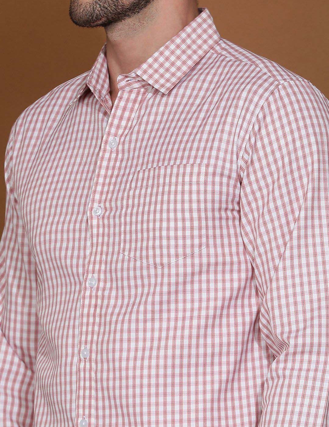 Kotty White & Red New Gingham Checks Printed Spread Collar Casual Shirt