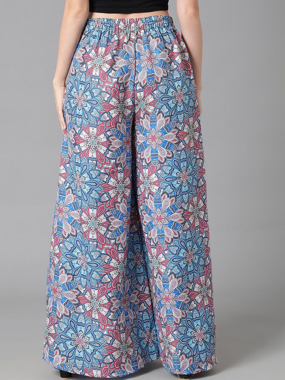 Kotty Women Blue Floral Printed Relaxed Flared Easy Wash Parallel Trousers