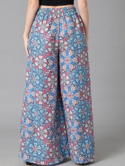 Kotty Women Blue Floral Printed Relaxed Flared Easy Wash Parallel Trousers