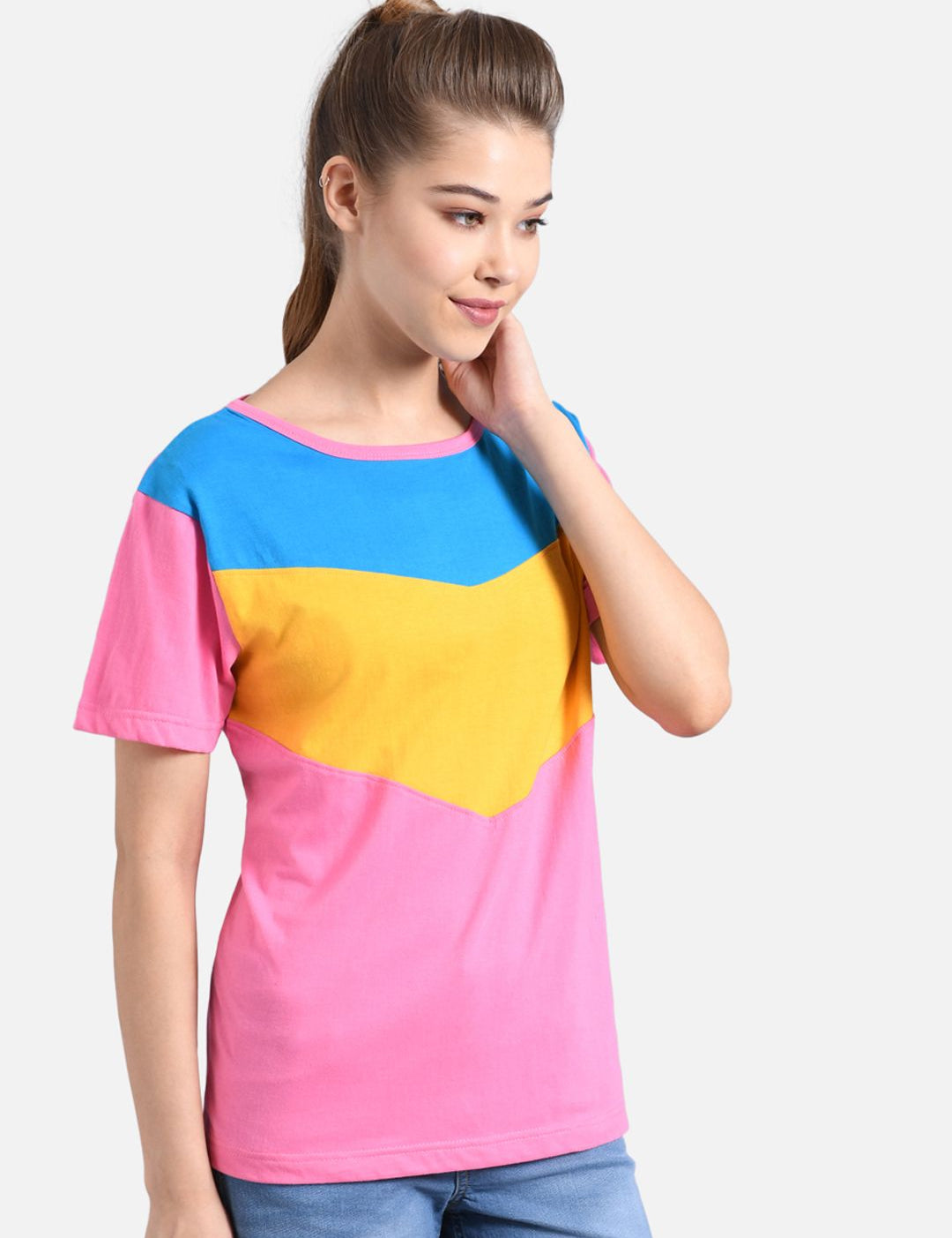 Kotty Women Pink & Yellow Colourblocked Round Neck T-shirt
