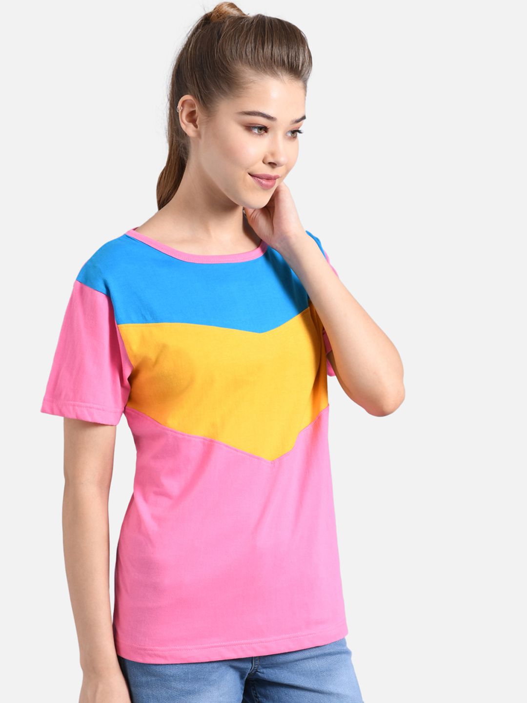 Kotty Women Pink & Yellow Colourblocked Round Neck T-shirt