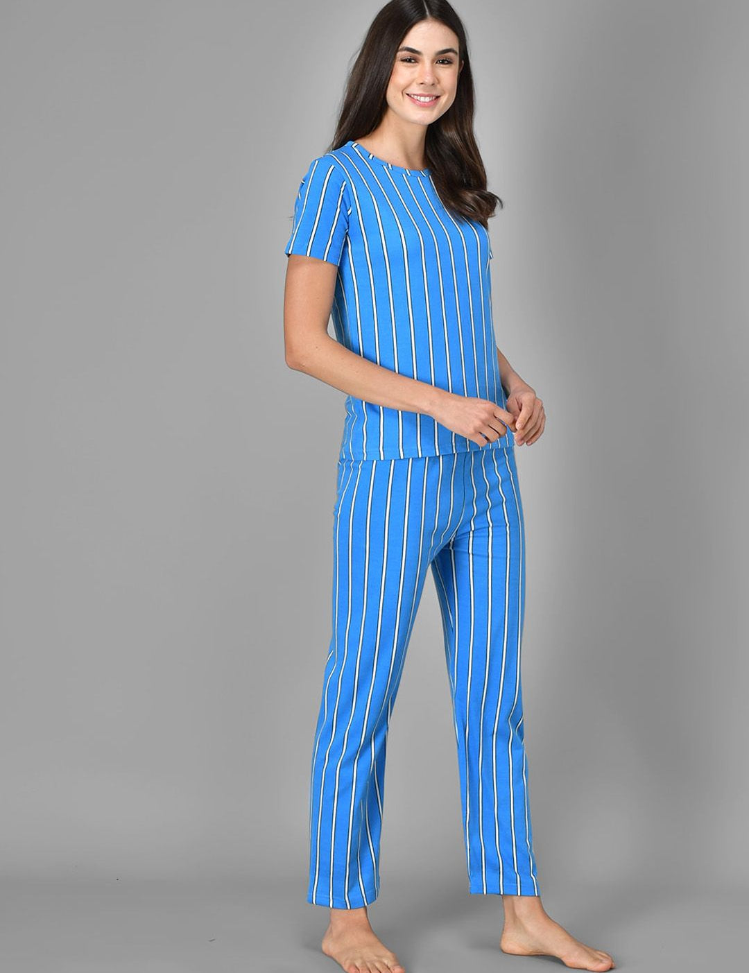 Kotty Women Blue & White Striped Night Suit
