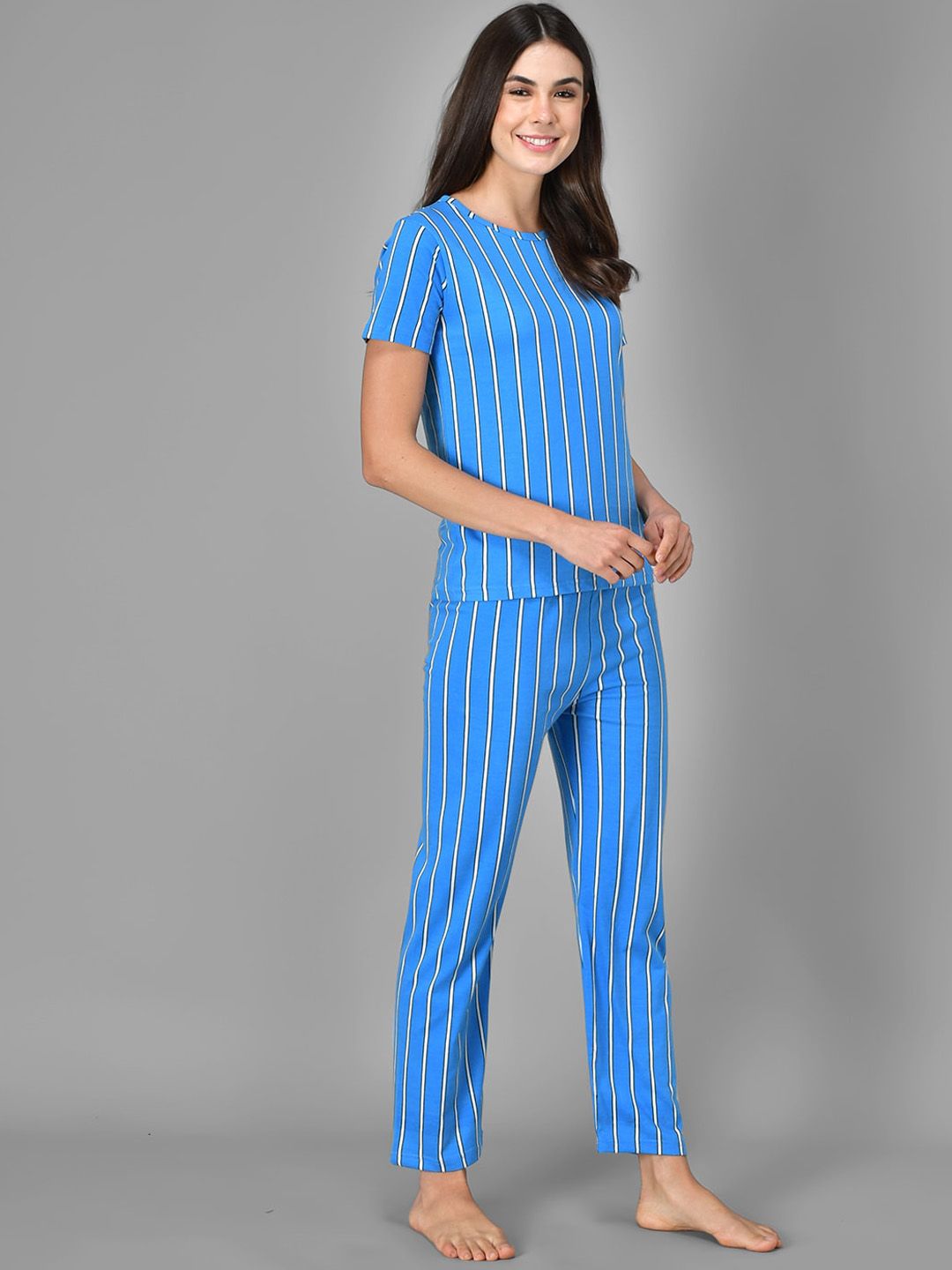 Kotty Women Blue & White Striped Night Suit
