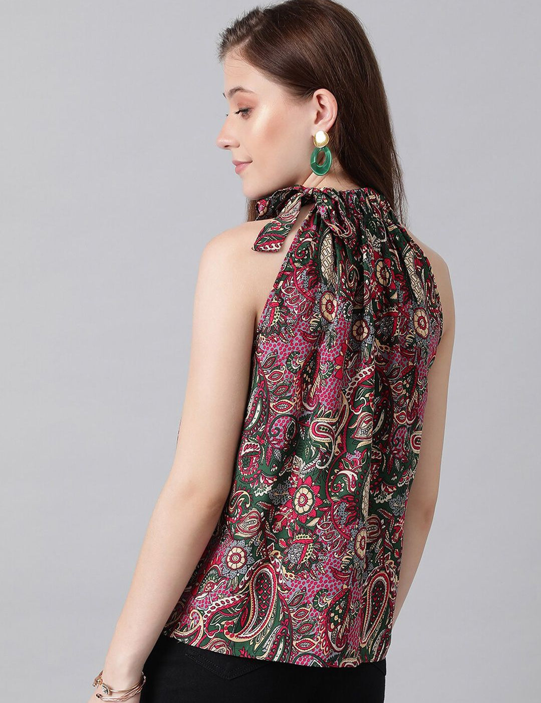 Kotty Green & Pink Ethnic Motifs Printed Halter Neck Top