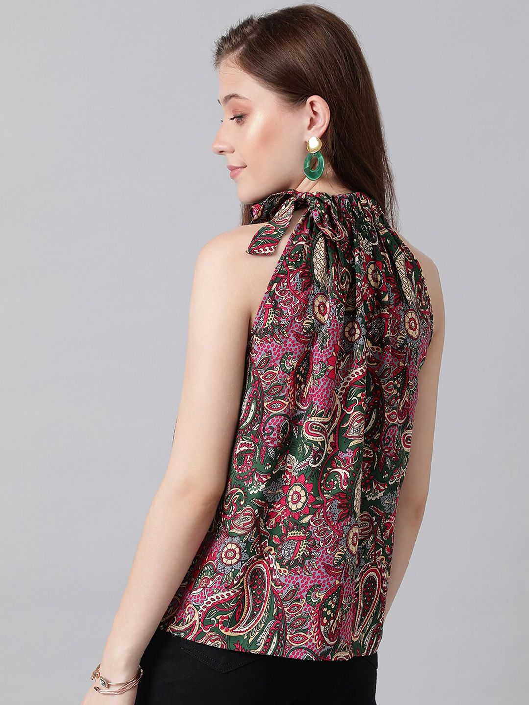 Kotty Green & Pink Ethnic Motifs Printed Halter Neck Top