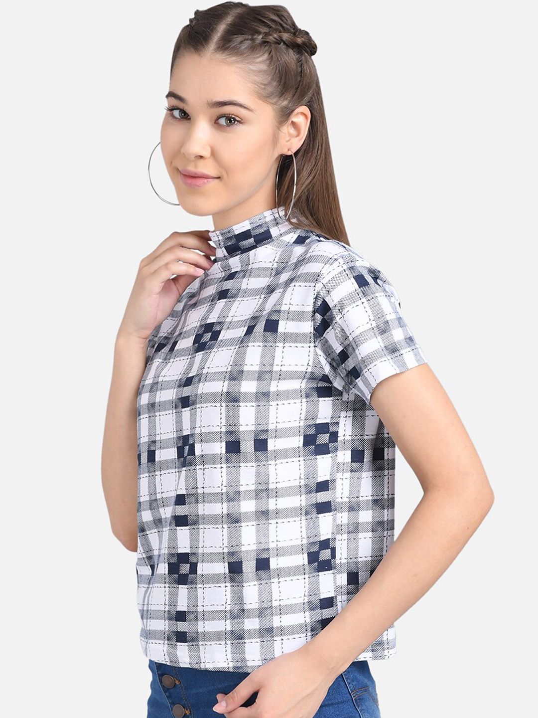 Kotty Women White Checked Pure Cotton Top
