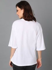 Kotty White Typography Printed Drop-Shoulder Sleeves Oversized T-shirt