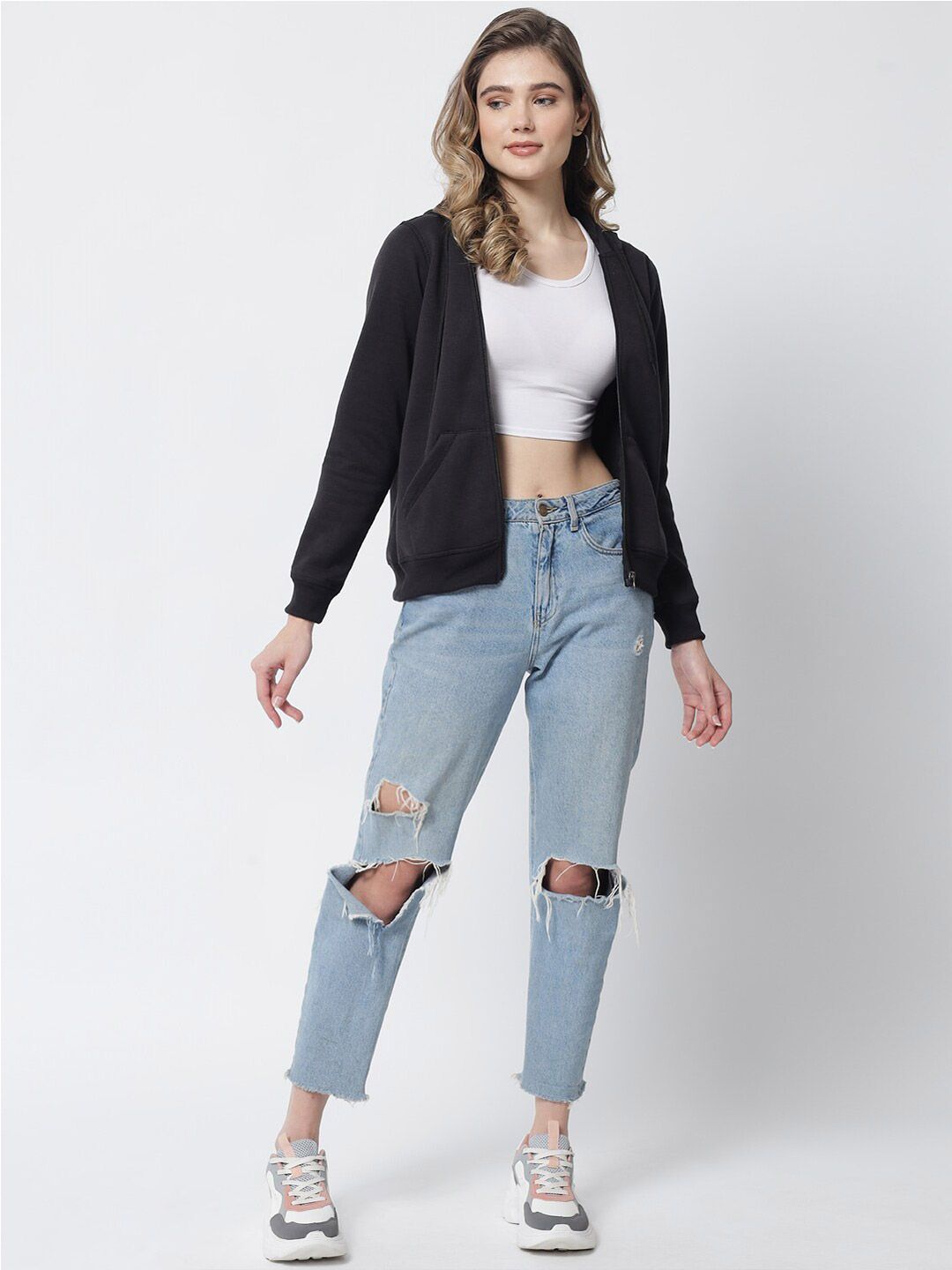 Kotty Women Black Hooded Fleece Sweatshirt