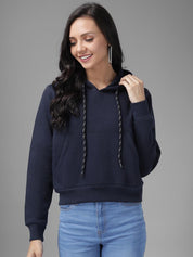 Kotty Women Blue Solid Hooded Sweatshirt
