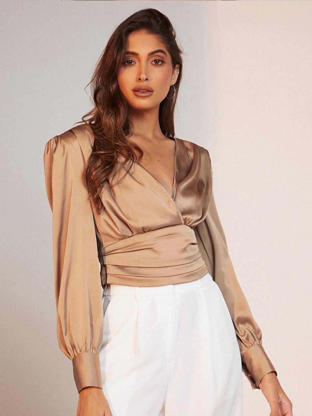 Kotty Brown Puff Sleeve Satin Wrap Top