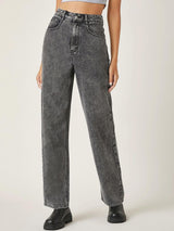 Kotty Women Grey Jean Straight Fit High Rise Clean Look Heavy Fade Stretchable Jeans