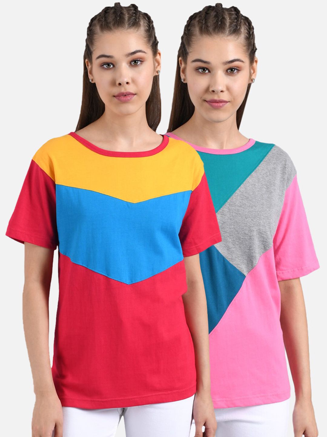 Kotty Women Pack of 2 Colourblocked Round Neck T-shirts