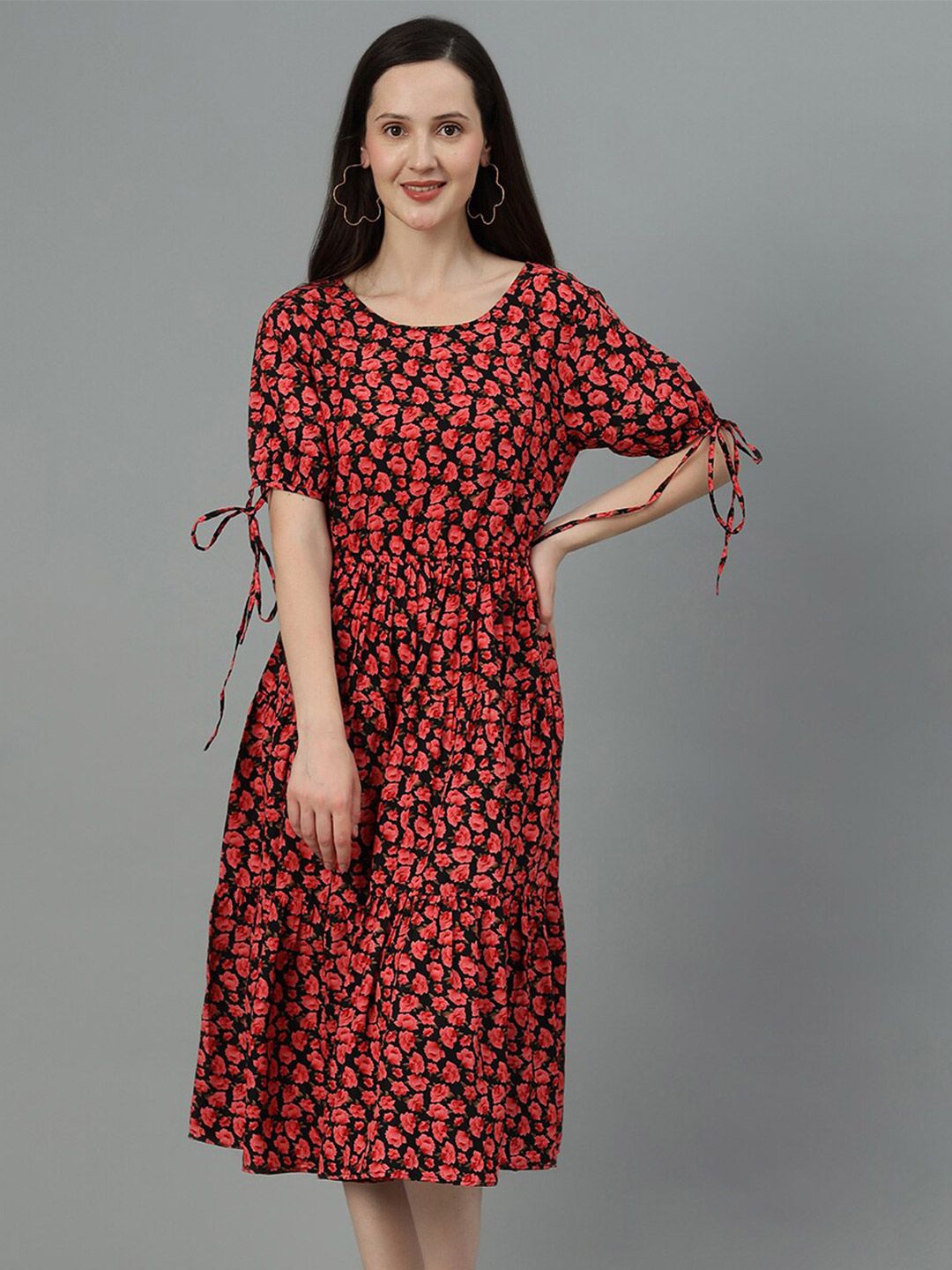 Kotty Red & Black Floral Print A-Line Midi Dress