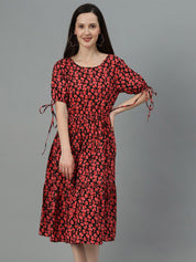 Kotty Red & Black Floral Print A-Line Midi Dress