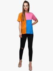 Kotty Women Orange & Blue Colourblocked Round Neck T-shirt