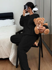 KOTTY Women's Black Fleece Winter Lounge Two Piece Set