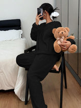 KOTTY Women's Black Fleece Winter Lounge Two Piece Set