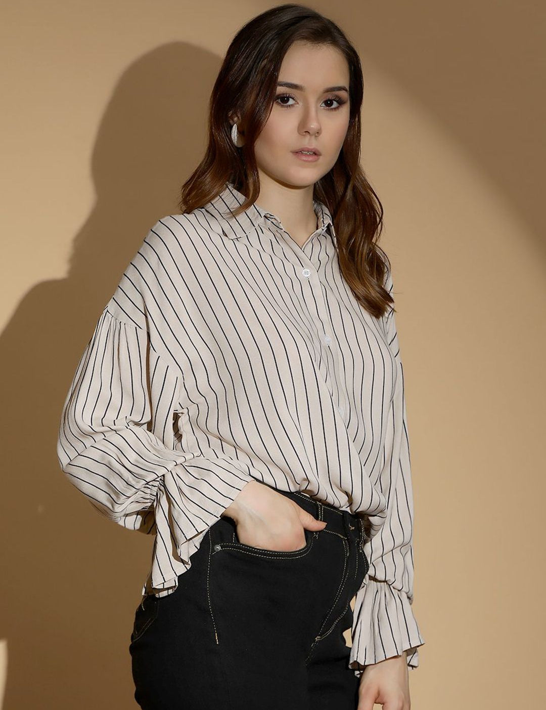 Kotty Women Spread Collar Vertical Striped Cotton Oversized Casual Shirt