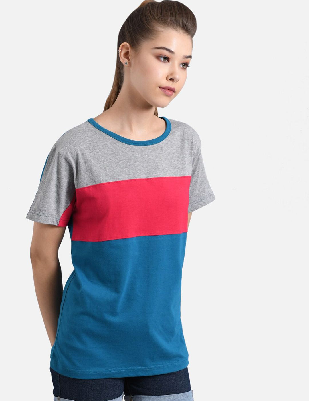 Kotty Women Blue & Grey Colourblocked Round Neck T-shirt