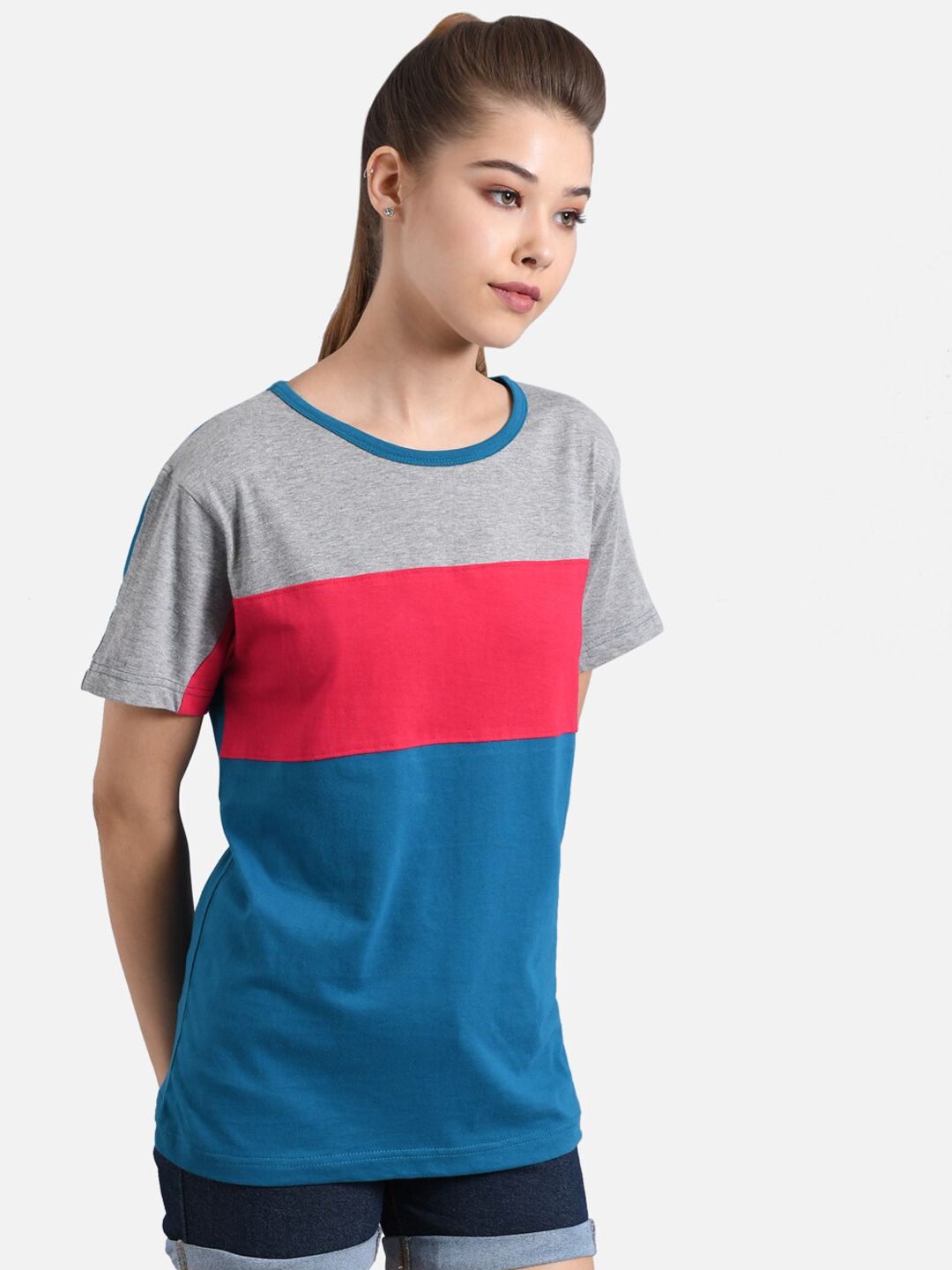 Kotty Women Blue & Grey Colourblocked Round Neck T-shirt