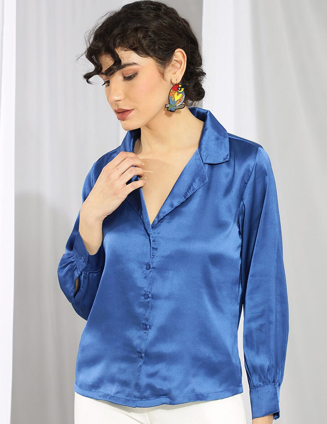 KOTTY BIZwear Blue Relaxed Cuban Collar Satin Casual Shirt