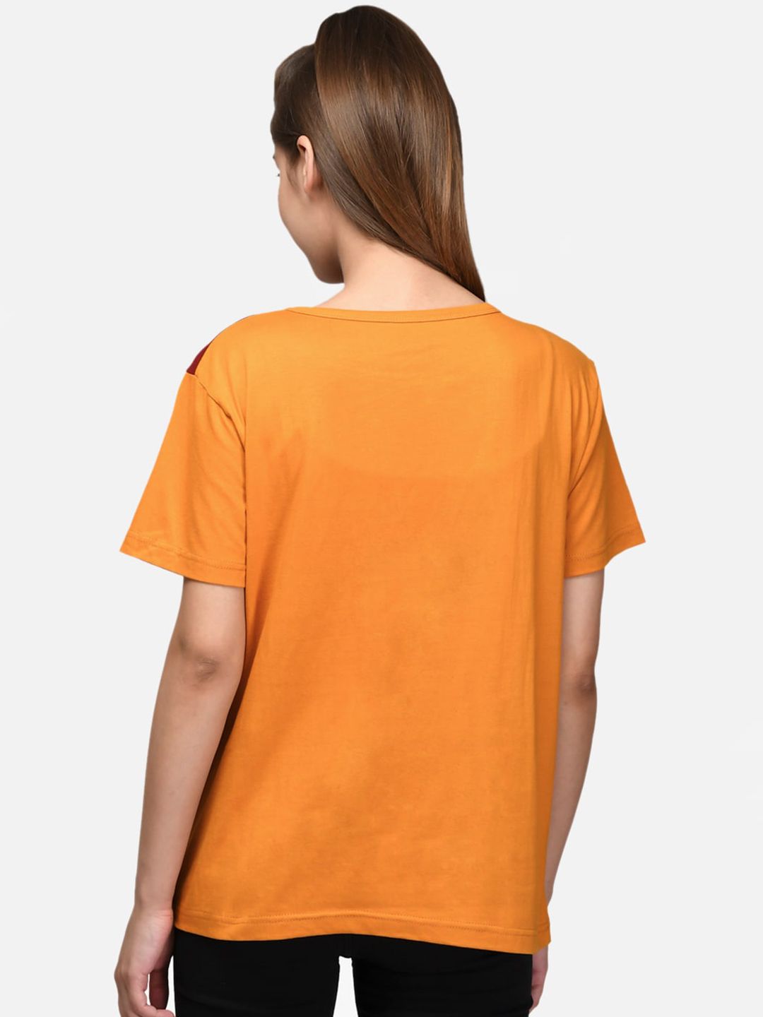 Kotty Women Maroon & Orange Colourblocked Boat Neck T-shirt
