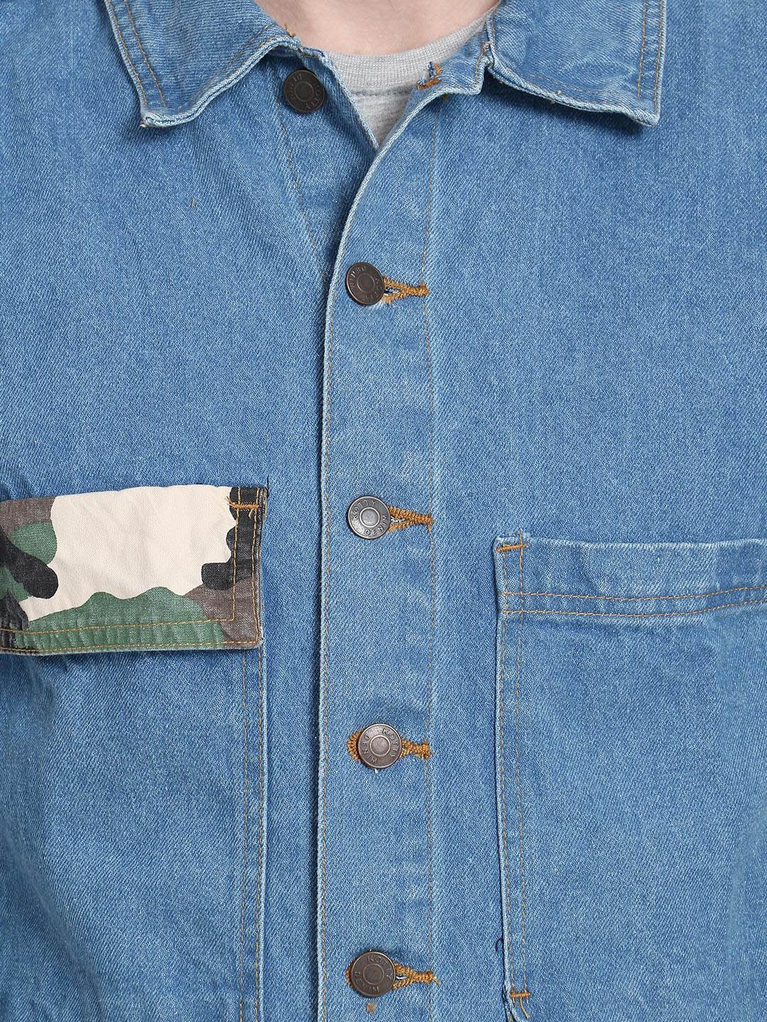 Kotty Men Blue & Green Camouflage Printed Denim Jacket