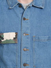 Kotty Men Blue & Green Camouflage Printed Denim Jacket