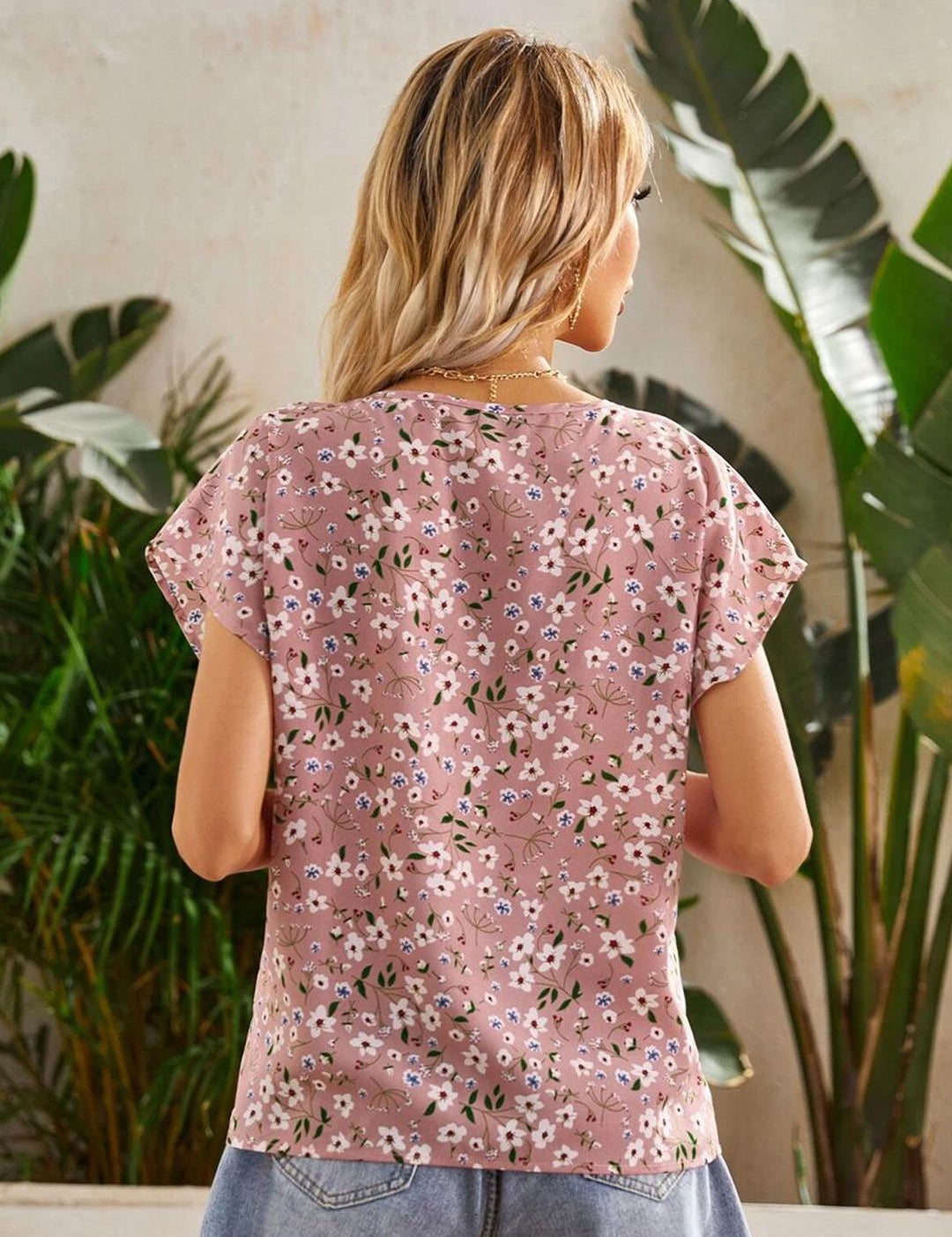 Kotty Pink & Green Floral Printed Extended Sleeves Top