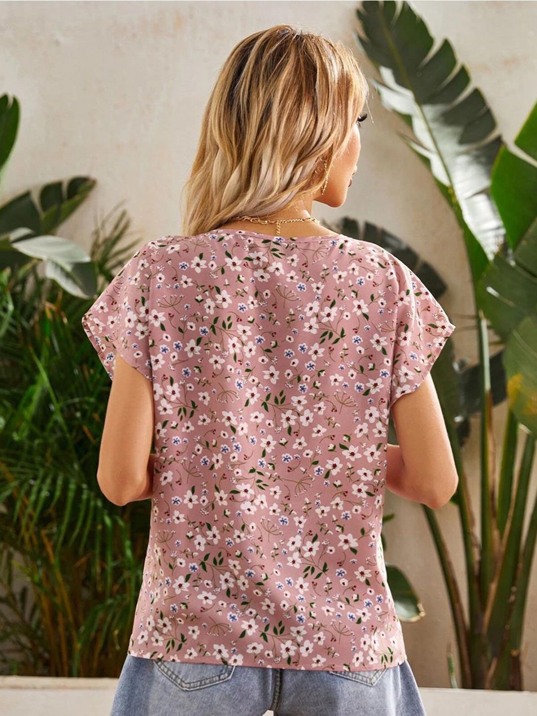 Kotty Pink & Green Floral Printed Extended Sleeves Top