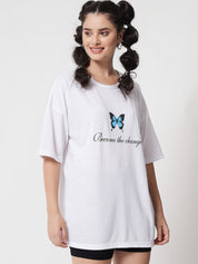 Kotty Women White Printed Applique Loose T-shirt