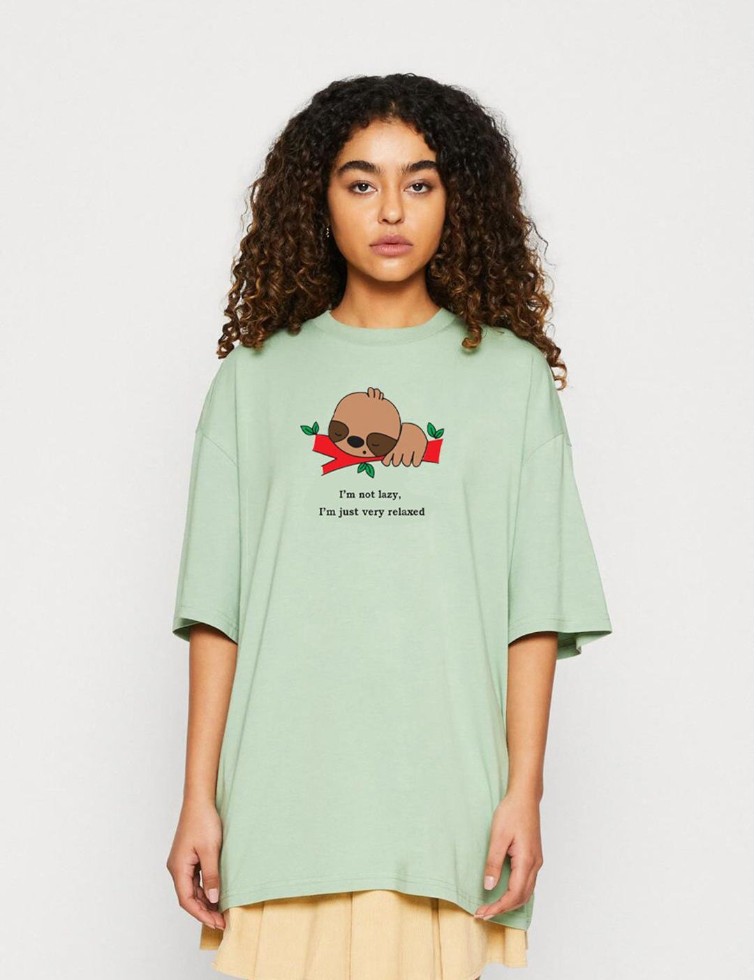 Kotty Green Printed Round Neck Drop-Shoulder Sleeves Oversized T-shirt