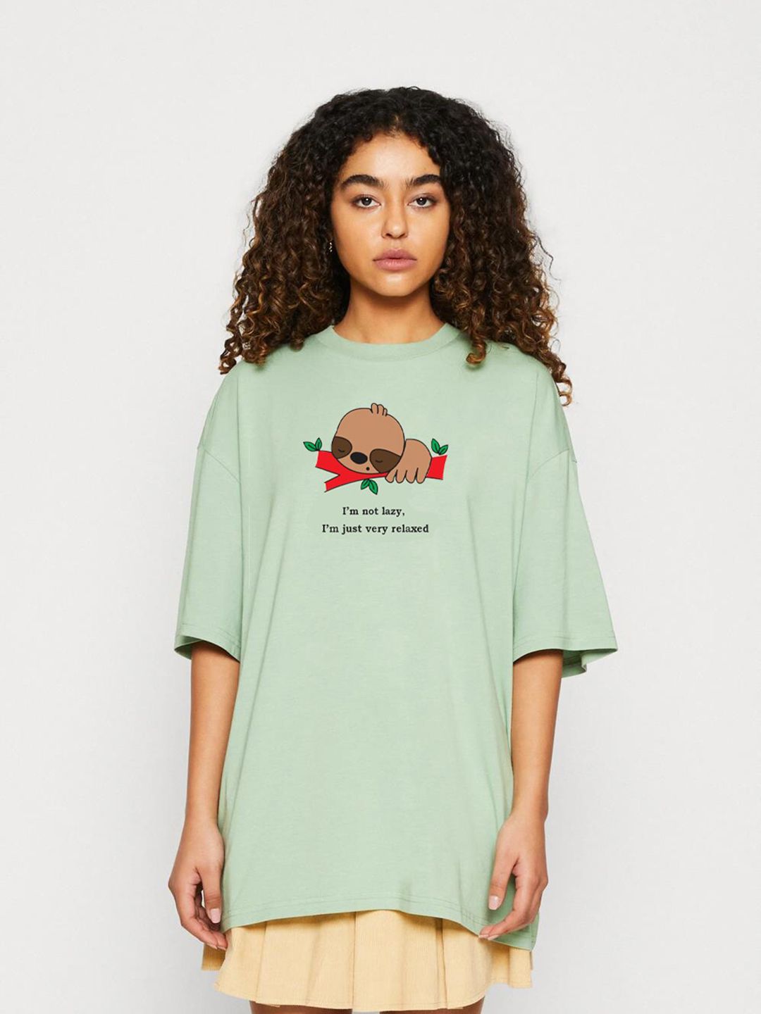 Kotty Green Printed Round Neck Drop-Shoulder Sleeves Oversized T-shirt