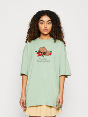 Kotty Green Printed Round Neck Drop-Shoulder Sleeves Oversized T-shirt